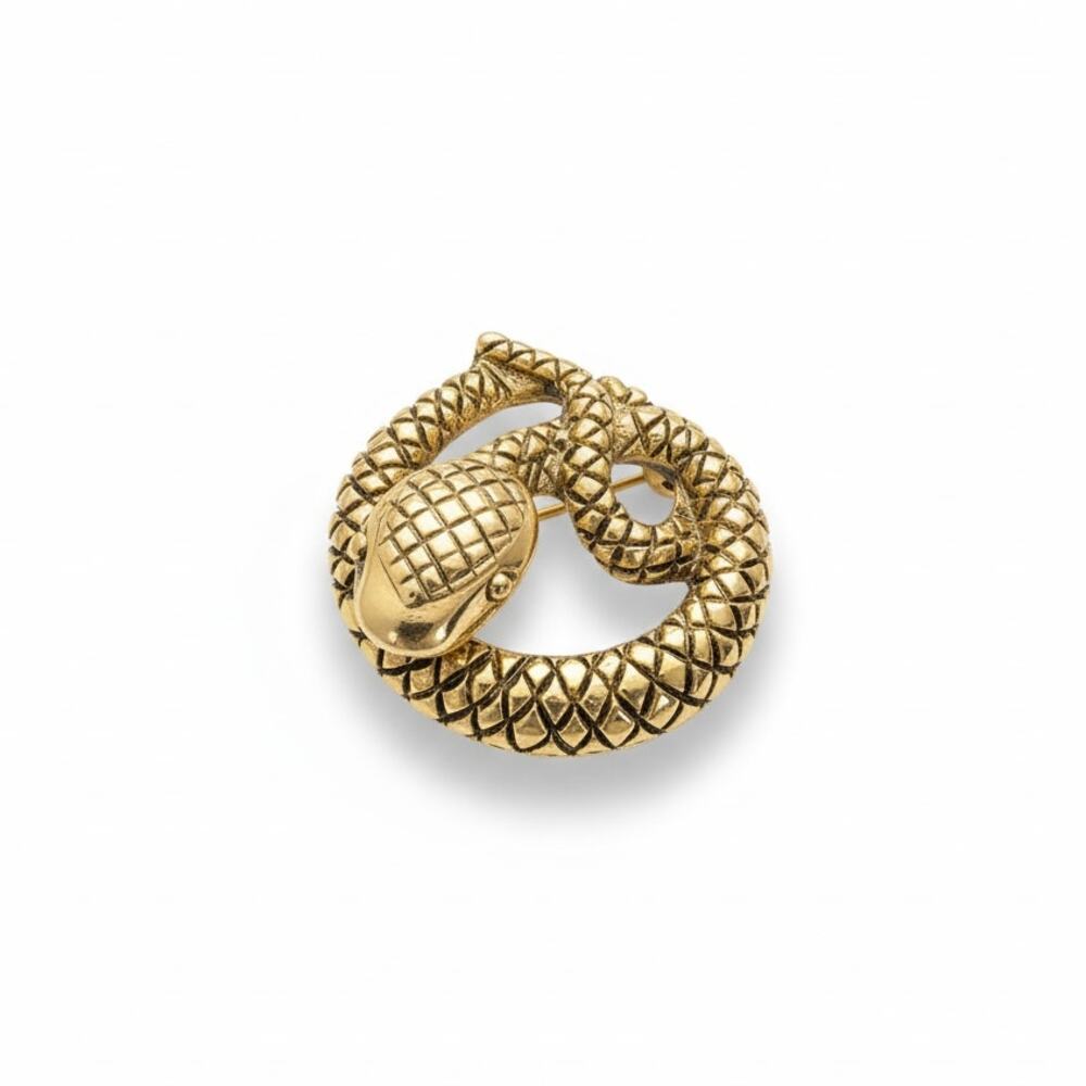 Vintage Gold Tone Coiled Snake Brooch Lapel Pin MCM Unmarked Jewelry‎